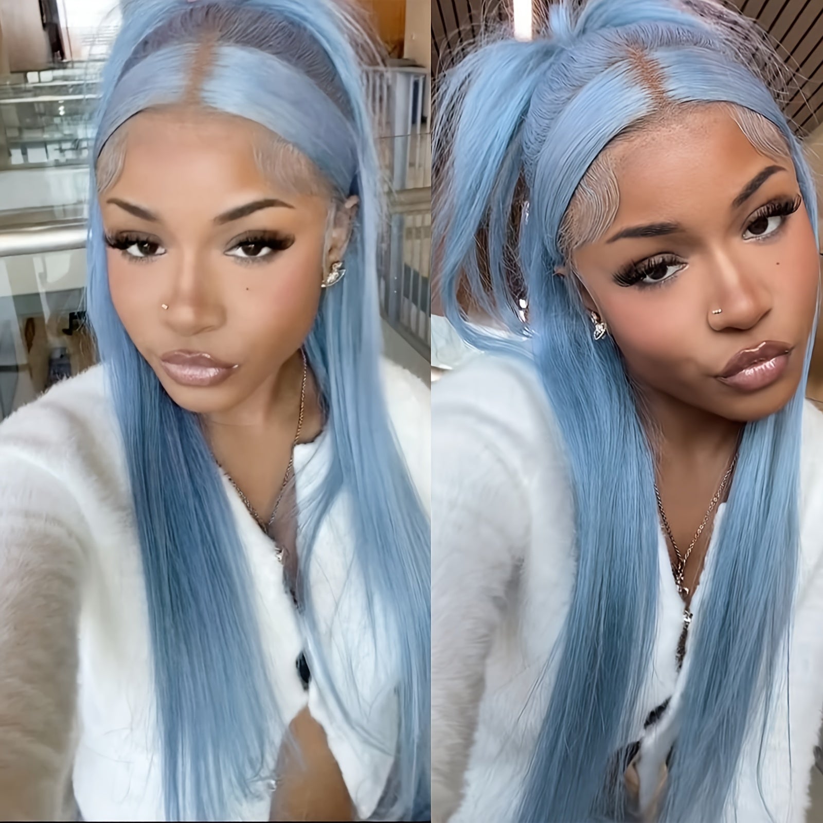 Women's 28 Inch Sky Blue Straight Synthetic Lace Front Wig, High Temperature Fiber, Glueless HD Lace Frontal, Soft Silky Hair for Halloween, Party, Cosplay - 13x6 Basics Style, Lace Wig